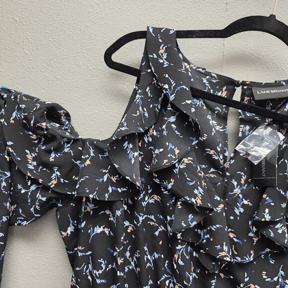 Lane Bryant Dress Womens 16P Black Floral Ruffle Cold Shoulder Belted Midi - Picture 2 of 14